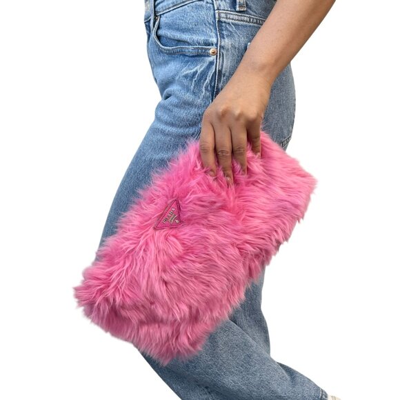 PRADA Vintage Logo Faux Fur Clutch Bag Zip Acrylic Polyester Pink  [105251] - Picture 3 of 13